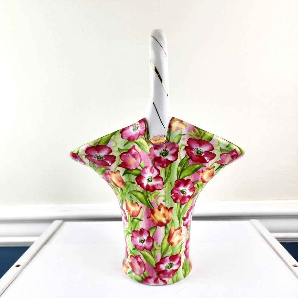 Baum Brothers Formalities Poppy Tulip Chintz Gold Rimmed Basket Handled China